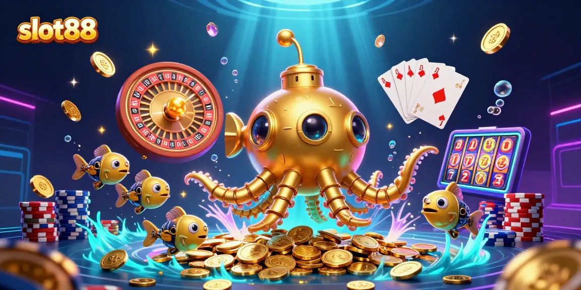 Win big with slot88 in this vibrant scene showcasing a golden kraken submarine and sparkling casino elements.