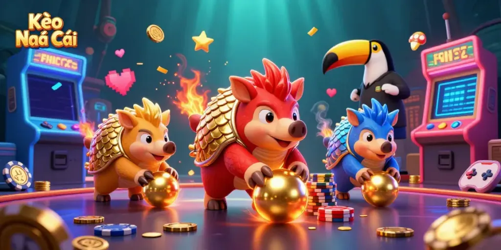 Kèo Nhà Cái action scene with rival pangolins and poker chips, vibrant casino atmosphere.