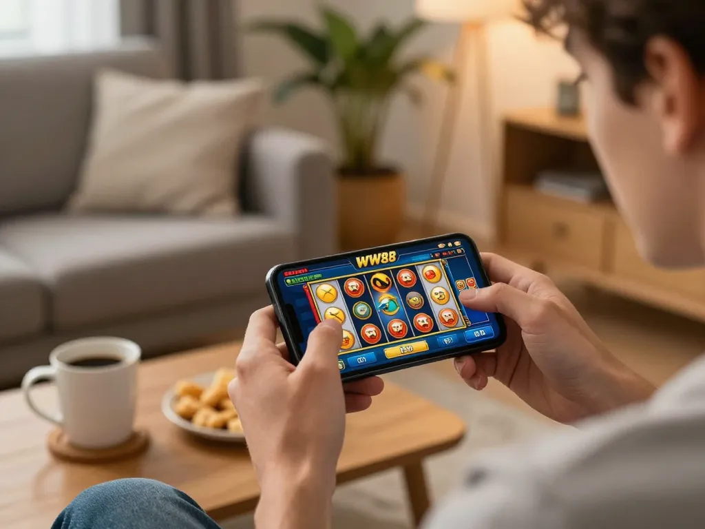 Player enjoying WW88 mobile gaming on smartphone in a cozy living room setting