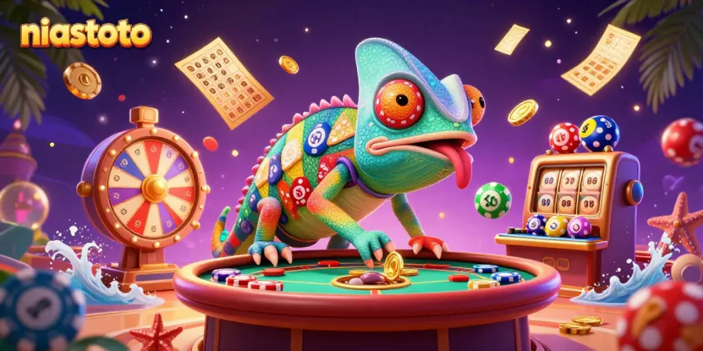 Experience thrilling gaming action with niastoto's vibrant casino scene, featuring a chameleon owner and lively lottery elements.