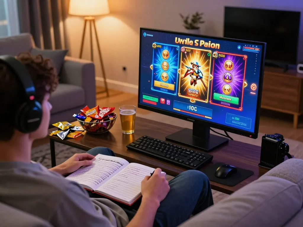 Pemain yang terlibat menikmati permainan slot depo 5k secara online di tablet di ruang tamu yang nyaman.