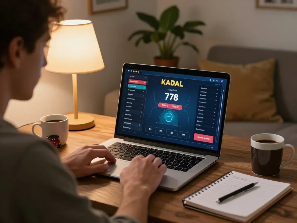 KADAL 778 player engaging in an online poker game on a laptop, showcasing strategy and immersion.