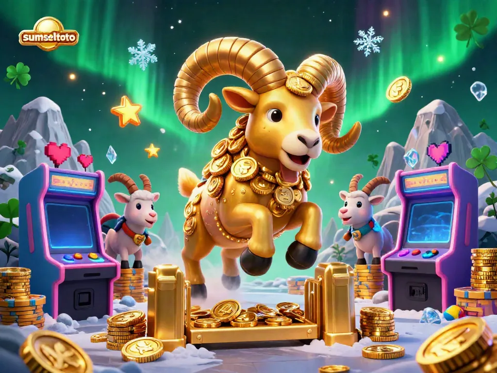 Sumseltoto scene showing a golden ram and colorful gaming elements in a lively casino atmosphere.