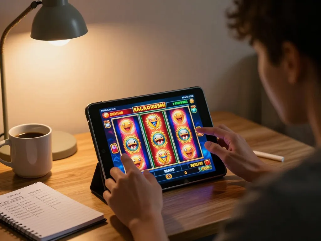 Engaging moment playing slot macau resmi on a tablet at home, showcasing a strategic gaming environment.