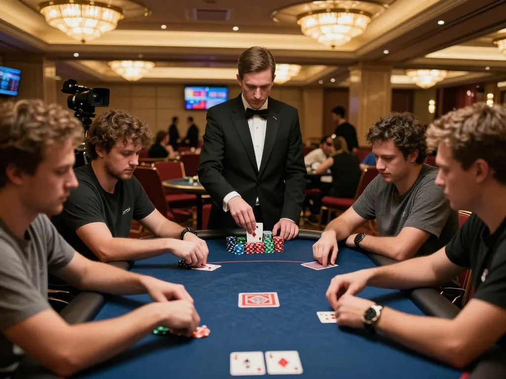Engaged players concentrating on poker hands at 28bets casino, showcasing a thrilling gambling atmosphere.