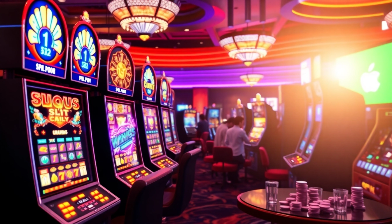 Menangkan slot gacor di mesin slot berwarna cerah dengan suasana kasino yang meriah.