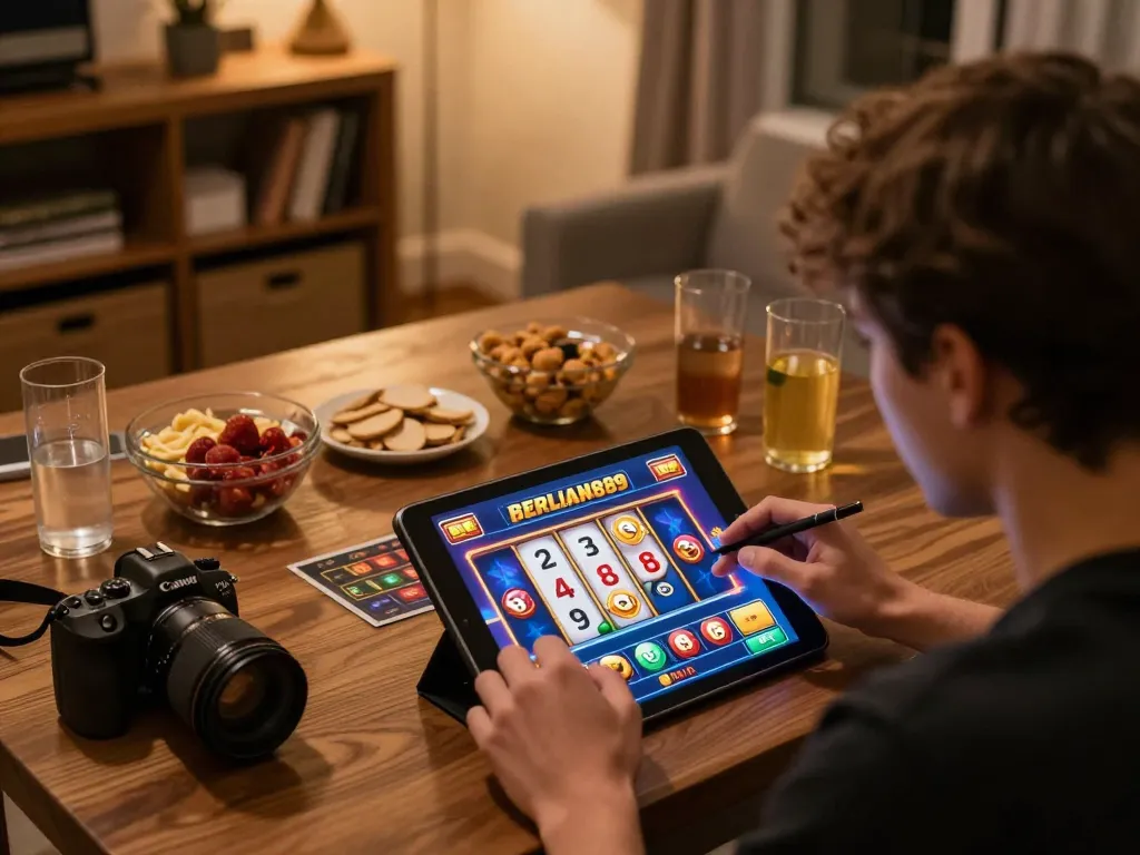 Player enjoying BERLIAN889 online casino on a tablet, showcasing vibrant game interface.