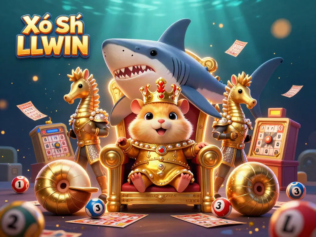 Engage with lottery excitement in a vivid Xổ Số LLWIN scene featuring a golden hamster king and lottery elements.