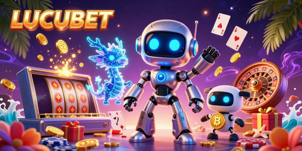 LUCUBET offers an engaging 3D scene with a cyberpunk robot and interactive slot game elements to entice gamblers.