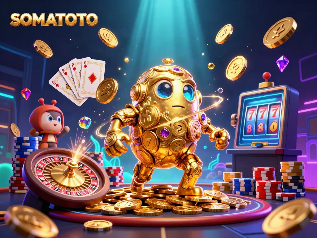 Experience SOMATOTO's gaming vibrance with a golden golem and casino elements amidst a dynamic casino scene.