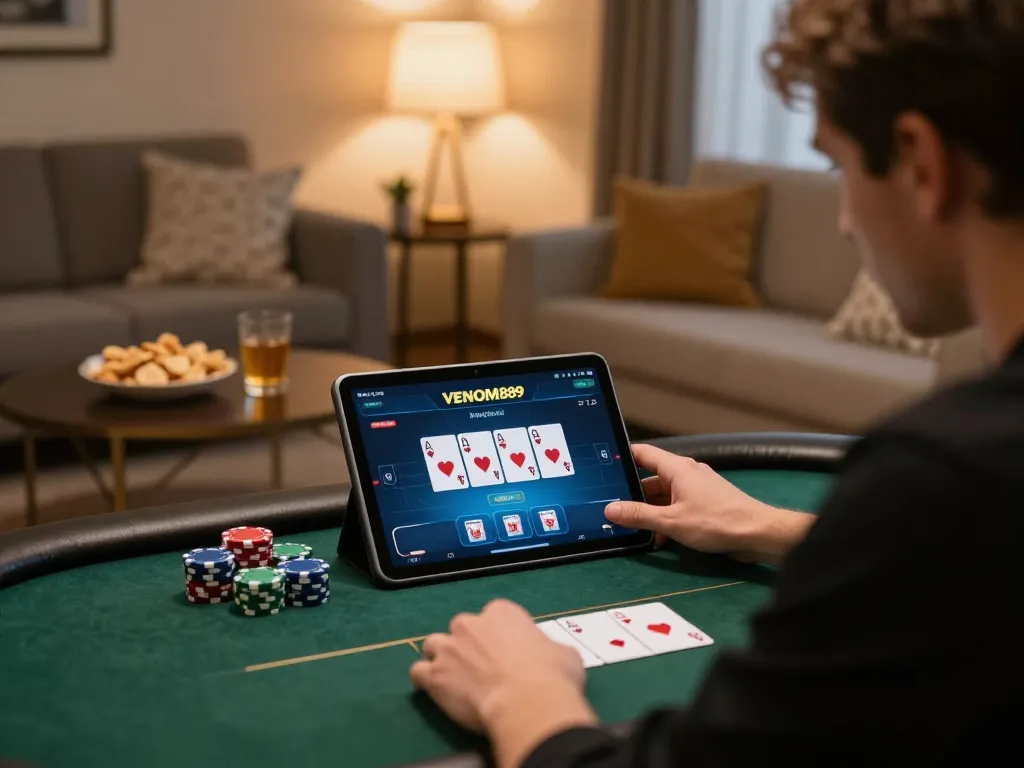 Engaged player winning on the VENOM889 online poker platform in a cozy home setting.
