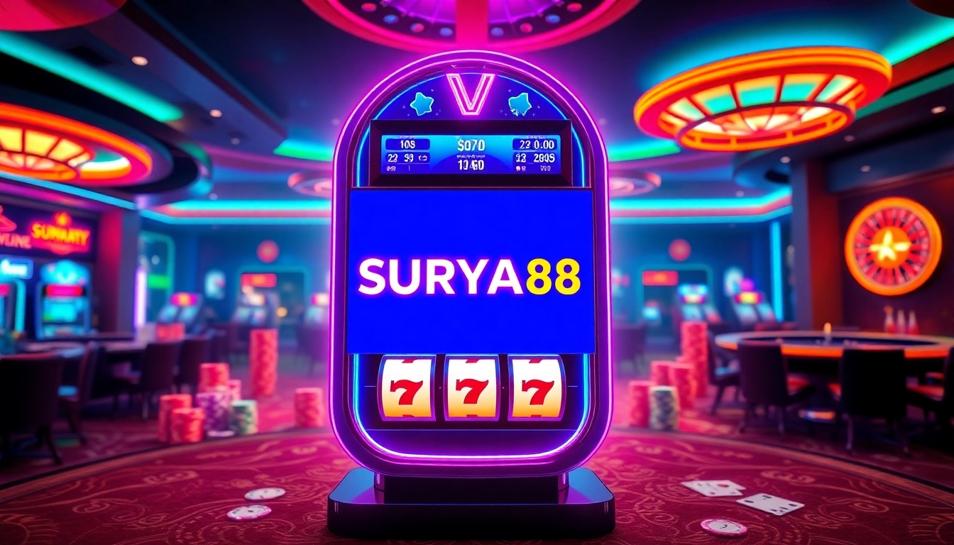 Rasakan sensasi SURYA88 alternatif dengan suasana kasino mewah, menampilkan mesin slot modern dan sorotan yang berwarna-warni.
