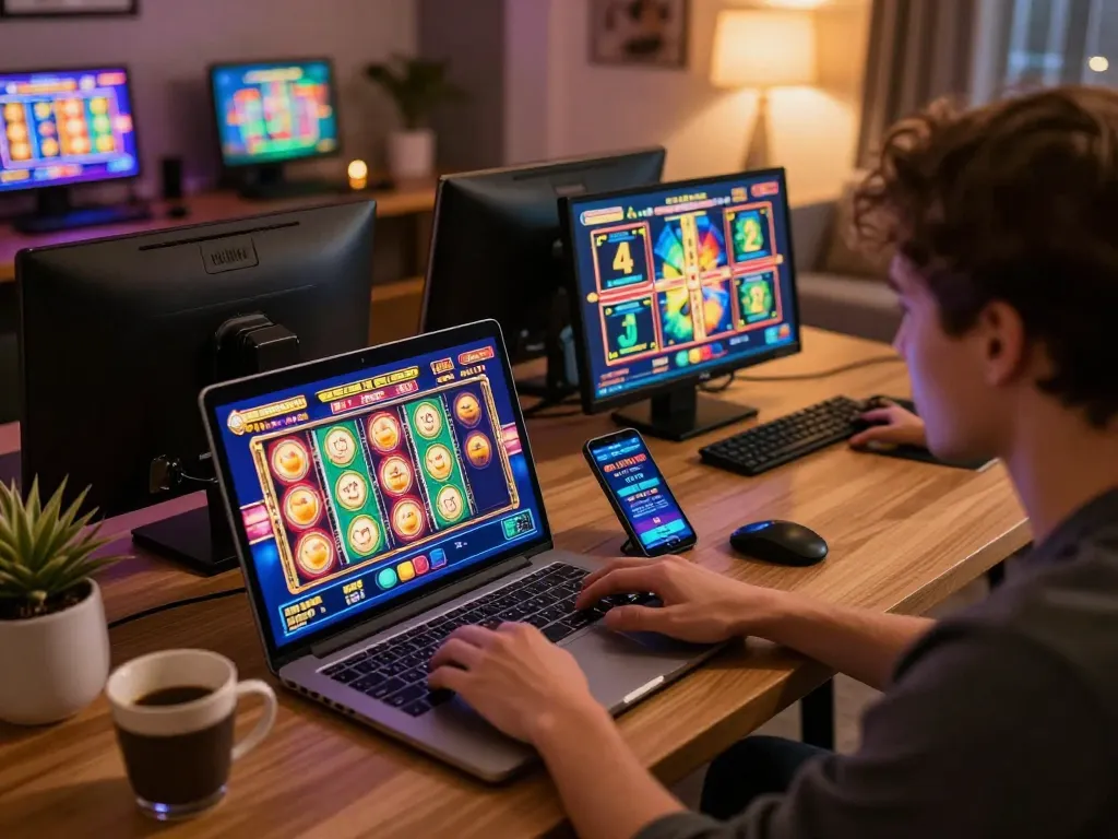 Pemain menikmati permainan slot di beberapa perangkat dalam lingkungan permainan online yang nyaman