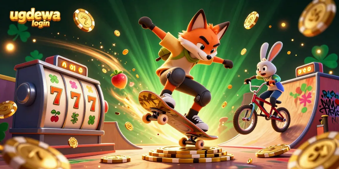 Experience the excitement of ugdewa login with a thrilling scene of a skateboarder fox and BMX-riding rabbit surrounded by vibrant casino symbols.