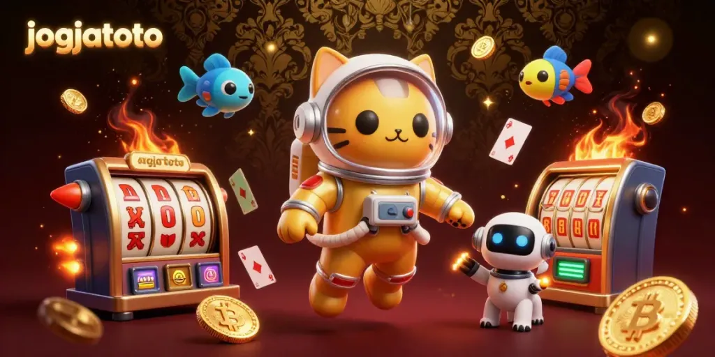 Experience thrilling gaming at jogjatoto with a vibrant 3D illustration of space-themed characters enjoying slots and poker.