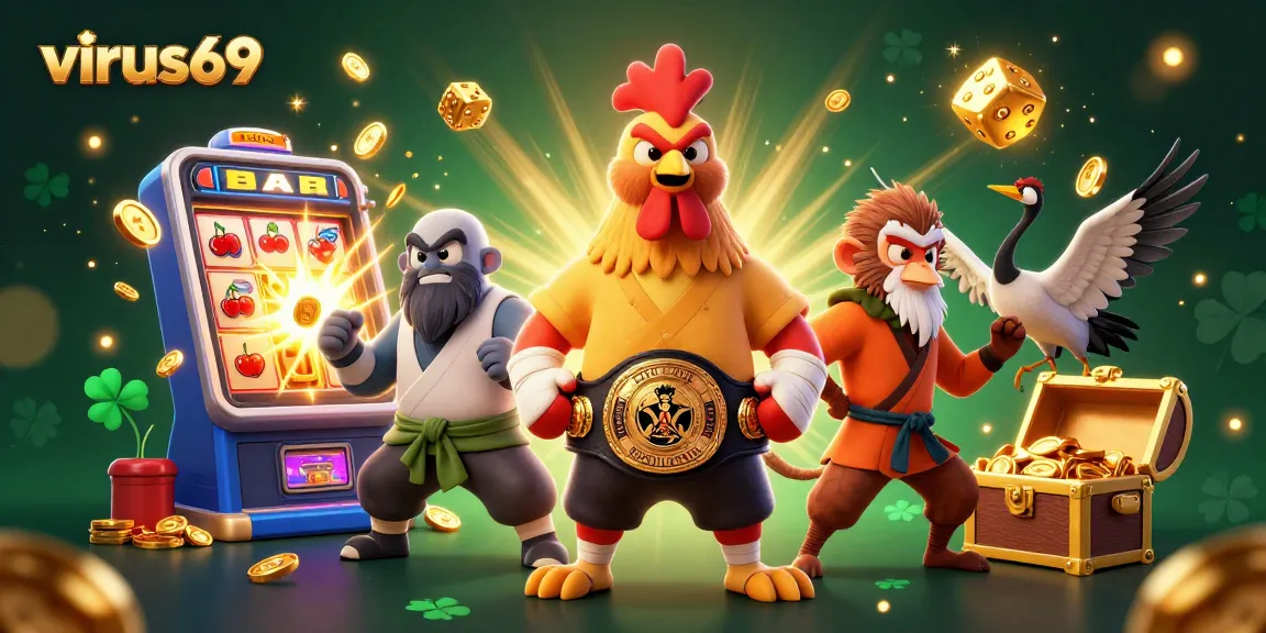 Experience excitement with virus69 in a vibrant casino scene featuring animated characters and dynamic games.