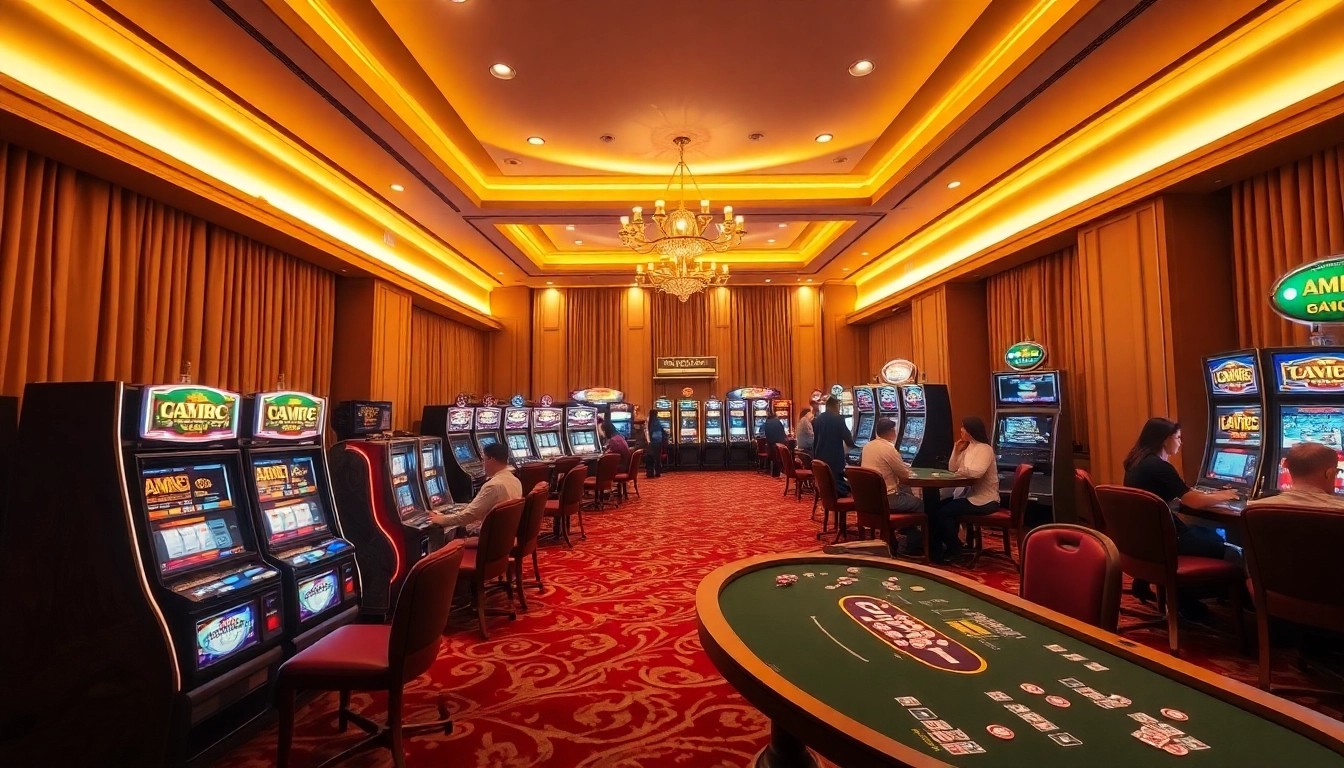 Experience the excitement of kaisar888 slot in a luxurious casino setting featuring vibrant slot machines and energetic players.