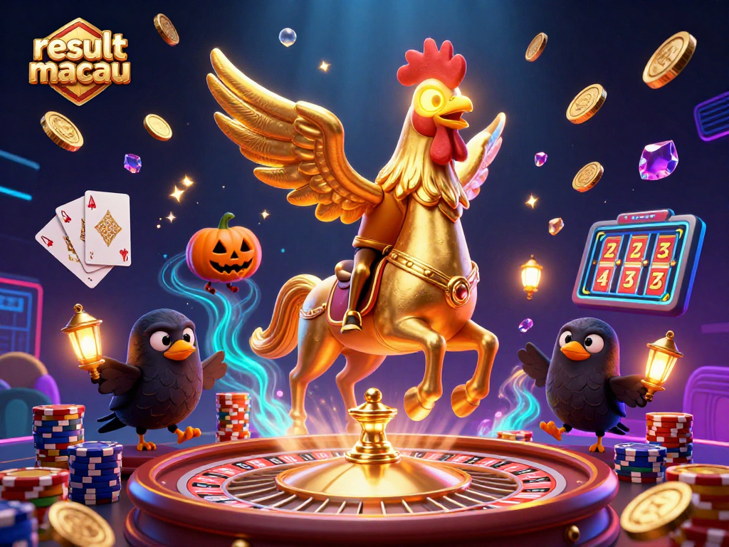Hasil Macau menampilkan kasino malam dengan ayam jantan emas yang membawa kepala bercahaya sambil menunggang kuda spectral.