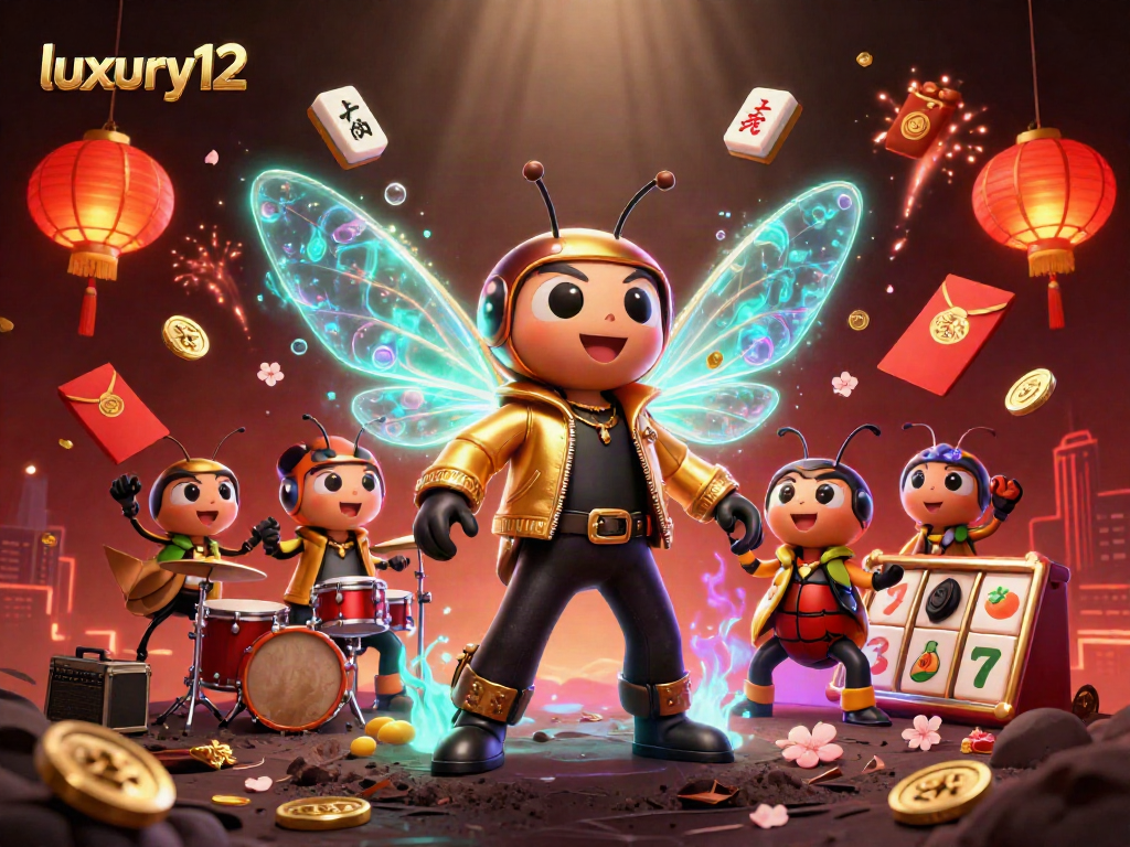 Experience the vibrant energy of luxury12 in a dynamic casino scene with 3D characters and game elements.