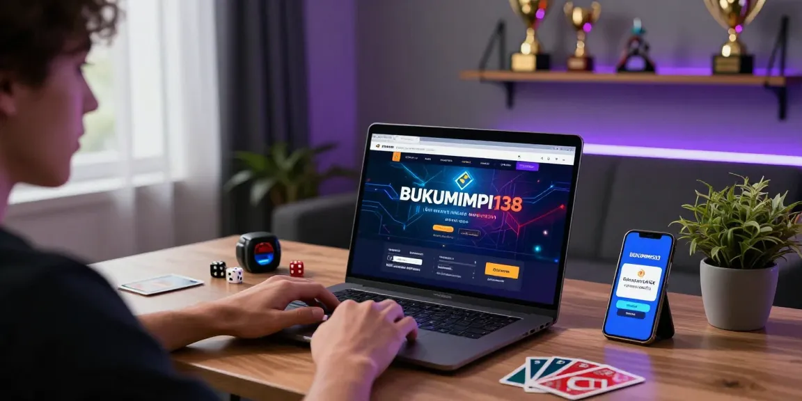 Pengguna BUKUMIMPI138 sedang bermain taruhan online di laptop dengan aksesori permainan yang menarik.