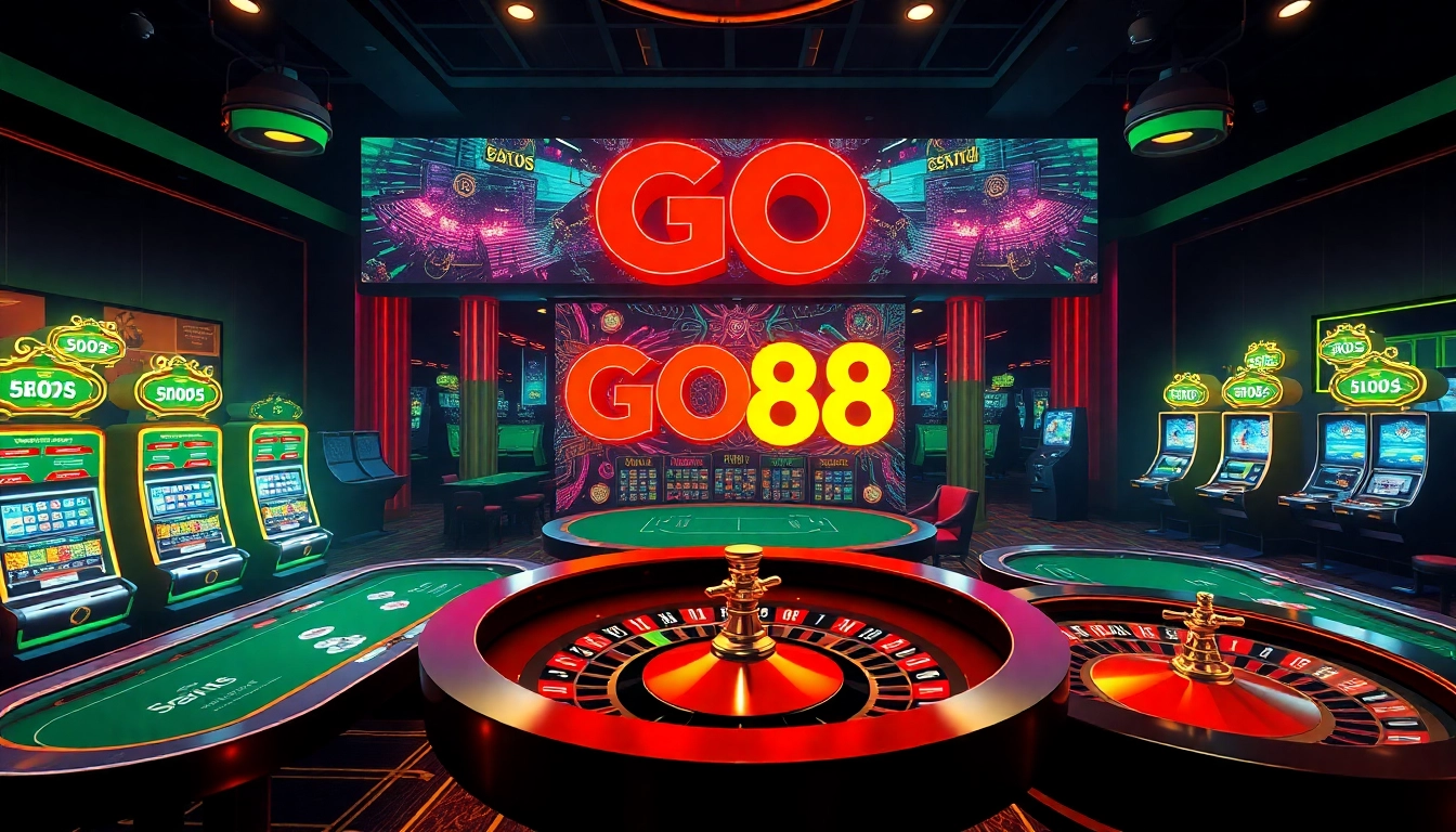 A thrilling gambling scene showcasing GO 88's vibrant poker and slot games with dynamic lighting.
