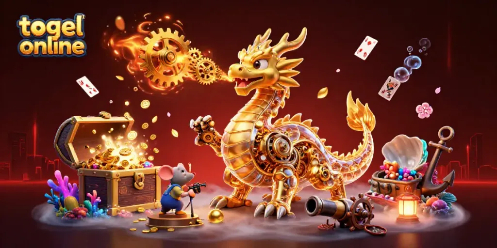 Togel online memikat dengan ilustrasi 3D naga emas, koin emas, dan elemen permainan.