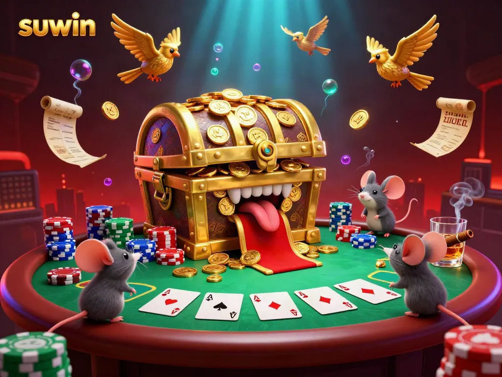 Engage with suwin's vibrant live casino scene, featuring a treasure chest and poker elements.