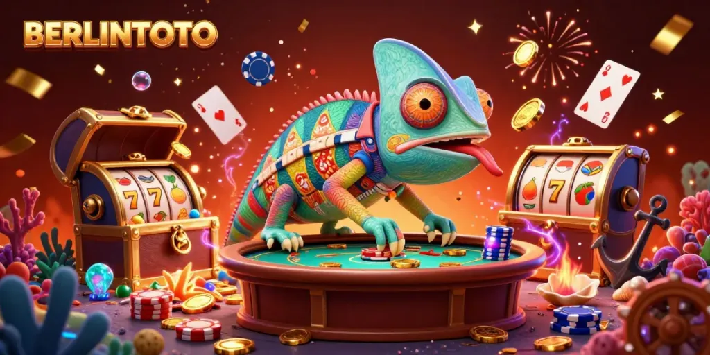 Experience the vibrant world of BERLINTOTO where colorful chameleon characters snap up golden coins amidst thrilling casino themes.