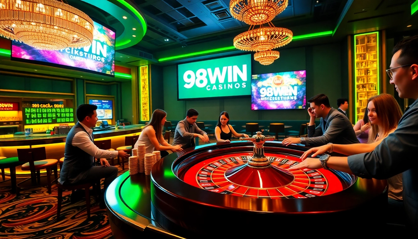 Exciting casino scene showcasing players at a roulette table with 98WIN branding.