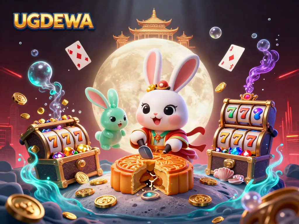 Engage with UGDEWA's gaming magic as a moon rabbit reveals poker chips from mooncakes amid vibrant casino elements.