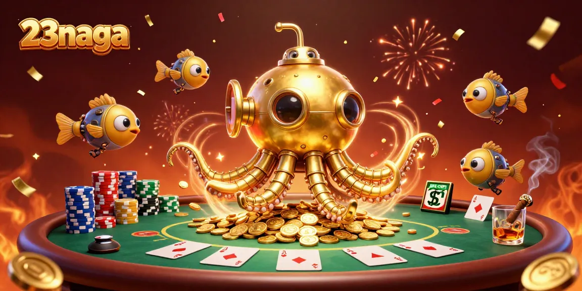 Permainan kasino 23naga dengan kraken emas dan ikan mekanik di antara tumpukan chip poker.