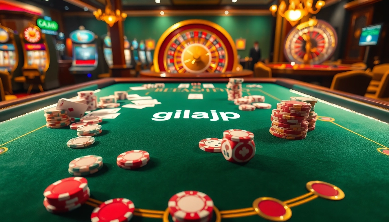 Experience thrilling gambling action with gilajp at a vibrant casino table featuring cards and poker chips.