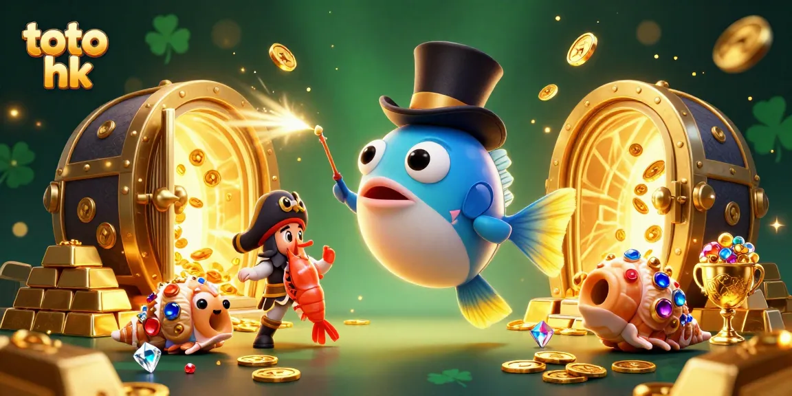 Menangkan toto hk sambil menarik koin emas dengan ilustrasi anglerfish bercocok topi dan karakter menarik lainnya.