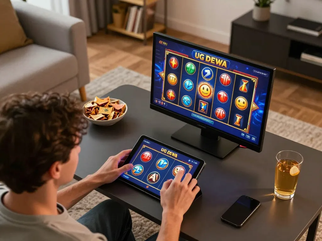 Engaging with UG DEWA slots on a tablet at home, showcasing a cozy gaming atmosphere.