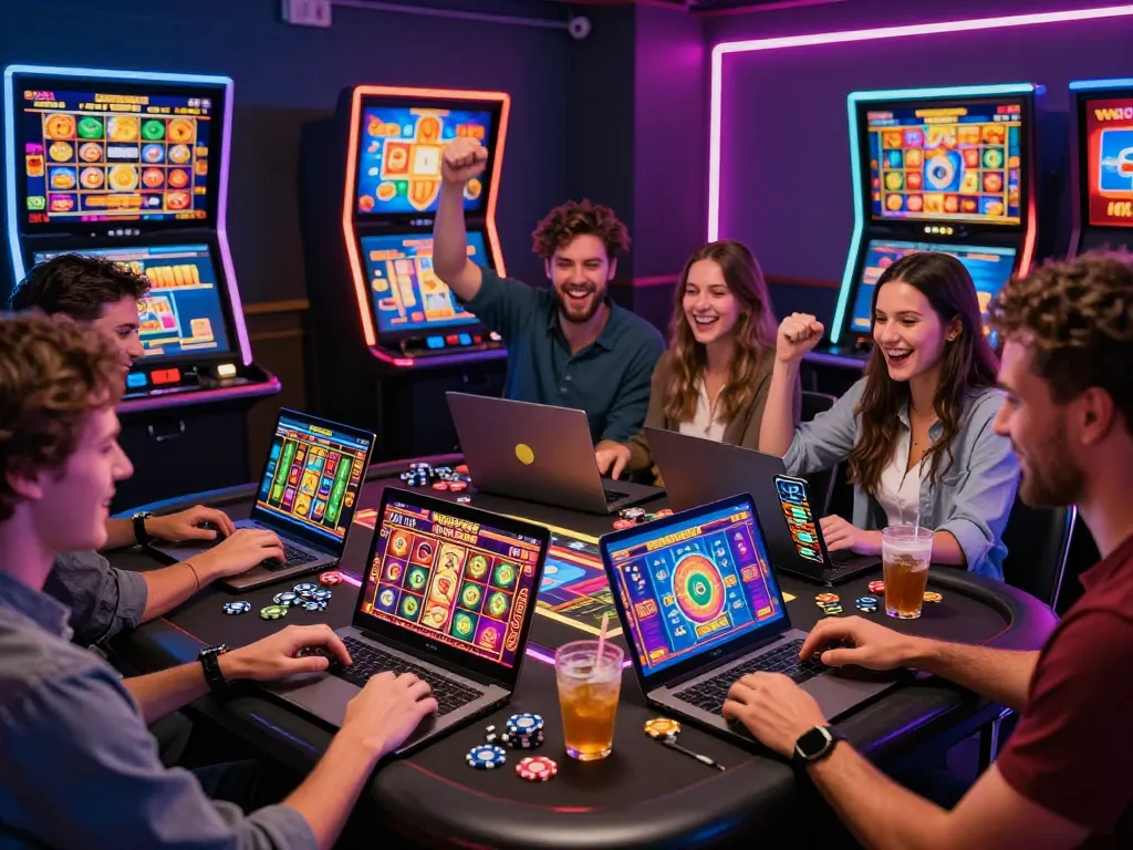 Sekelompok teman yang merayakan sambil memainkan slot online virus88 di suasana kasino yang meriah.