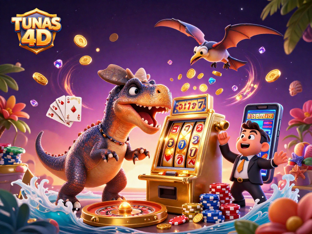 TUNAS 4D brings excitement with a pachycephalosaurus at a slot machine, collecting golden coins.