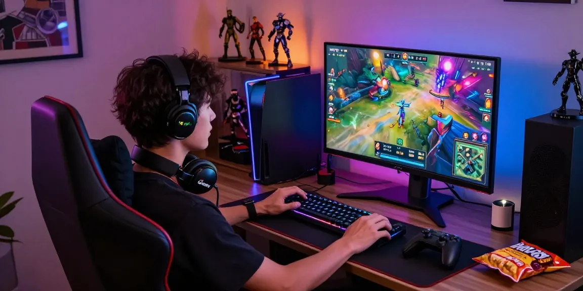 ฉากเล่นเกมออนไลน์ที่ให้บรรยากาศของ playme8 direct web พร้อมด้วยคอมพิวเตอร์และของสะสมเกม